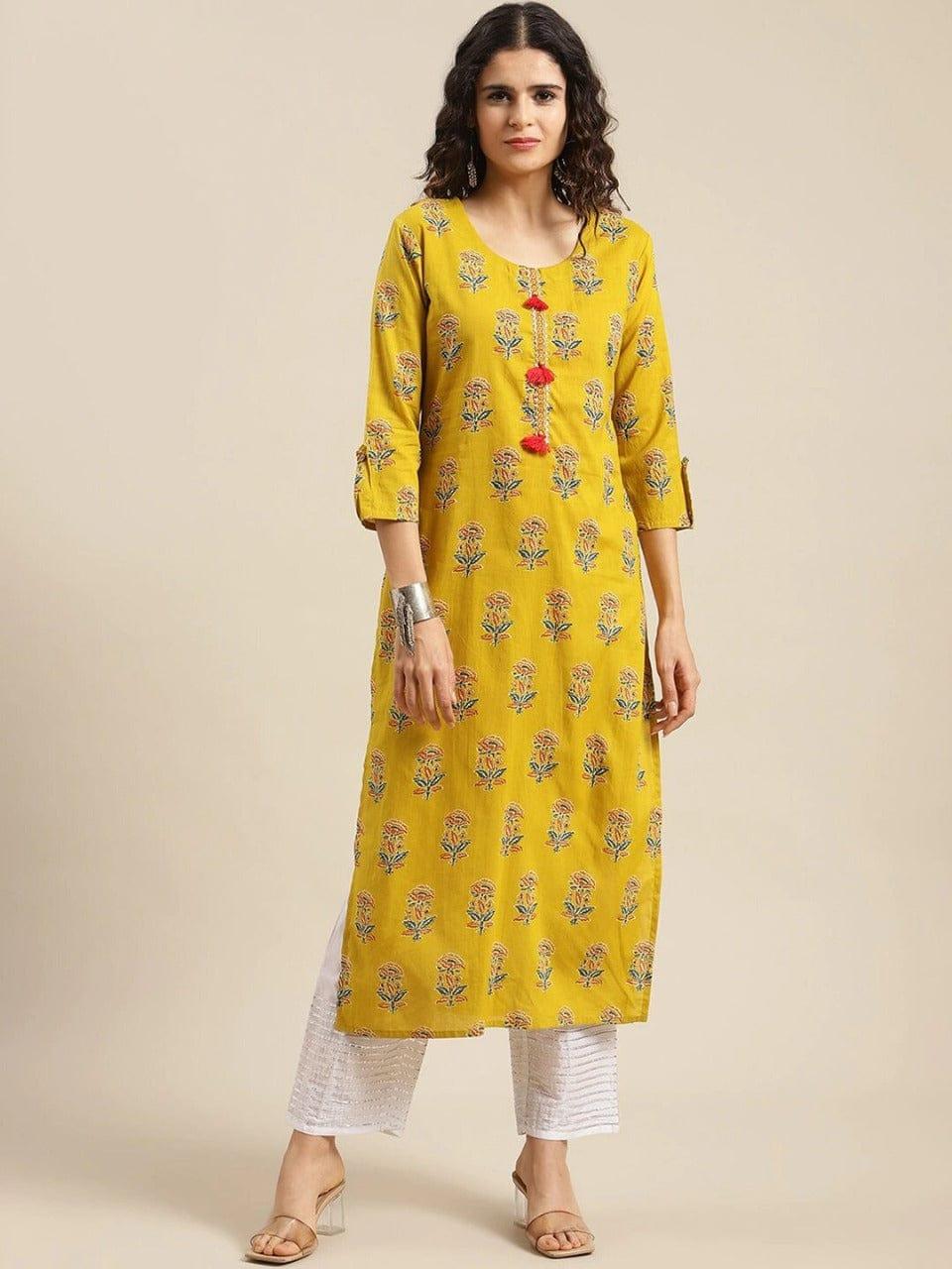 KSUT Women Yellow Geometric Printed Thread Work Kurta - Indiakreations