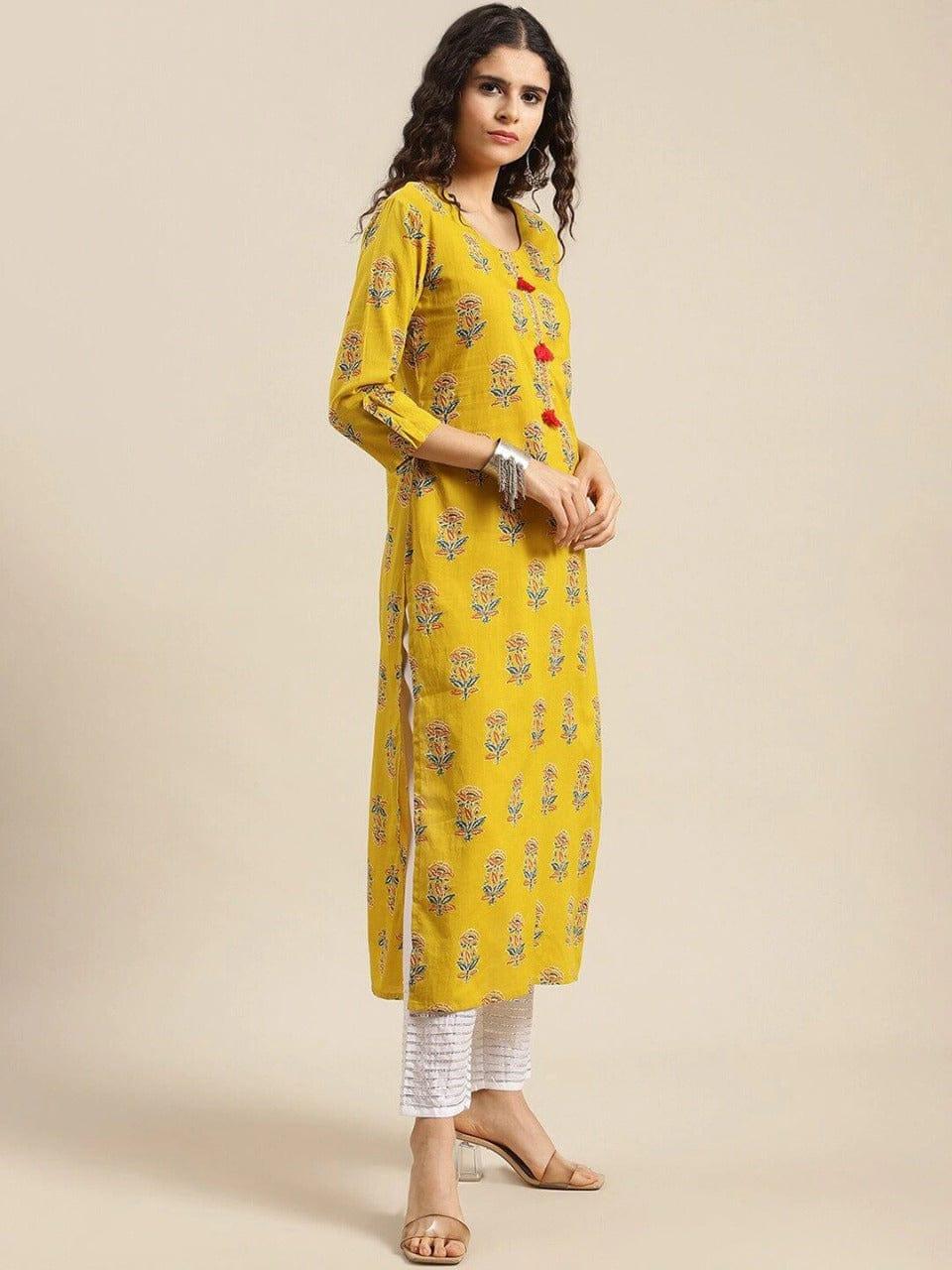 KSUT Women Yellow Geometric Printed Thread Work Kurta - Indiakreations