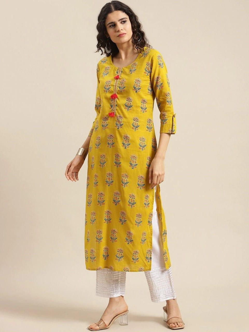 KSUT Women Yellow Geometric Printed Thread Work Kurta - Indiakreations