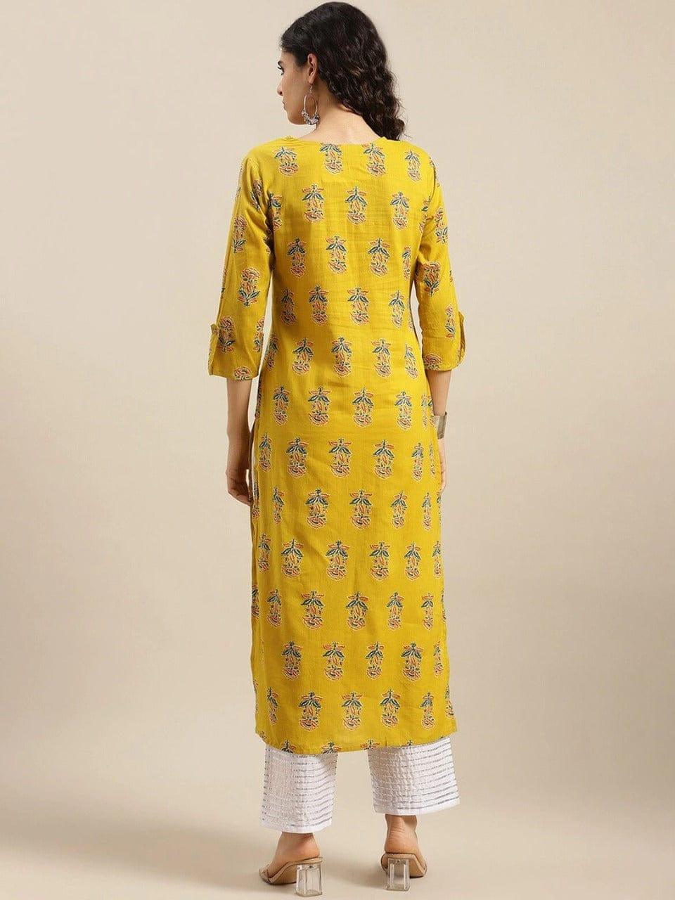 KSUT Women Yellow Geometric Printed Thread Work Kurta - Indiakreations