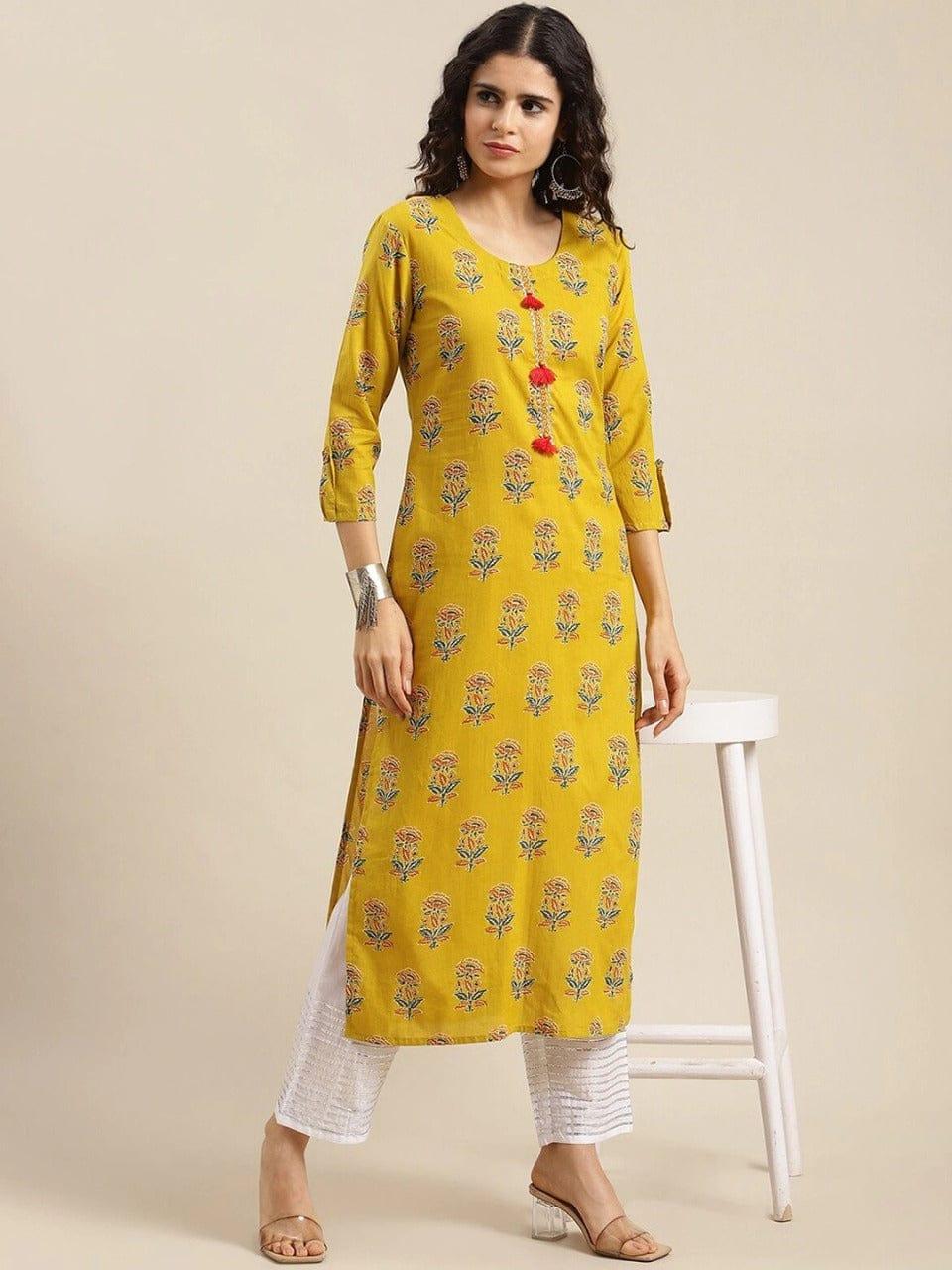 KSUT Women Yellow Geometric Printed Thread Work Kurta - Indiakreations