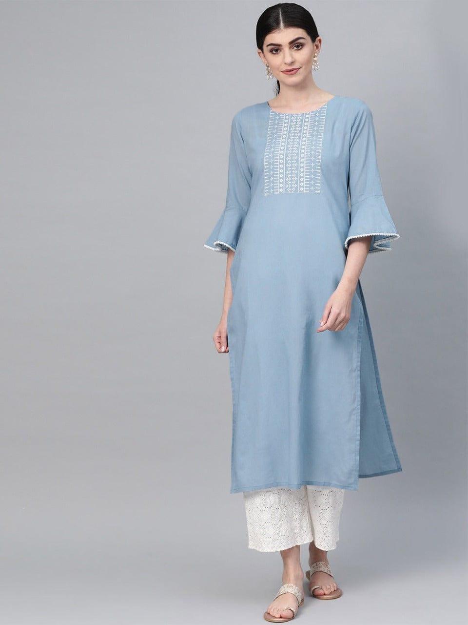 Varanga Blue Yoke Design Flared Sleeves Thread Work Kurta - Indiakreations