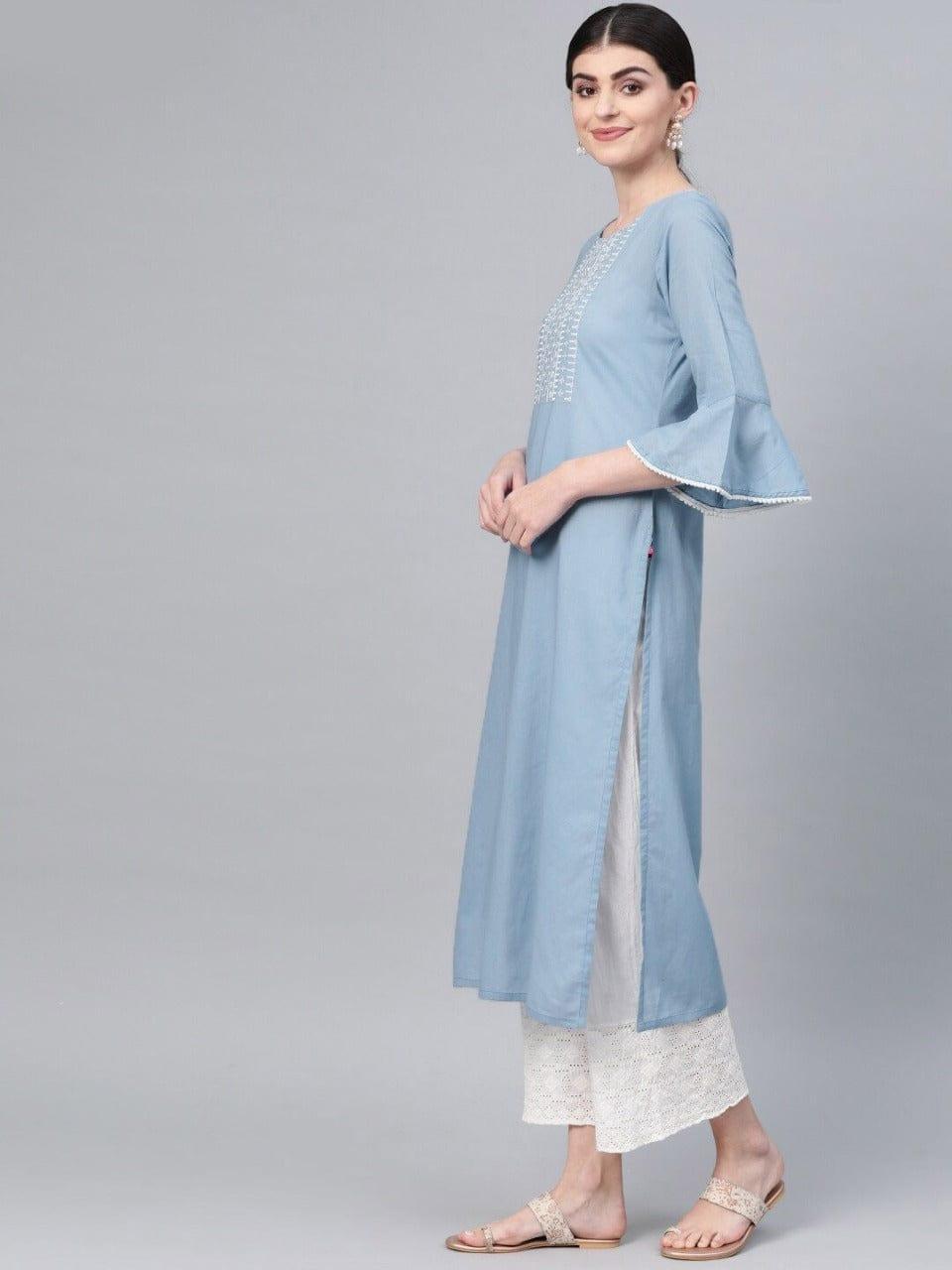 Varanga Blue Yoke Design Flared Sleeves Thread Work Kurta - Indiakreations