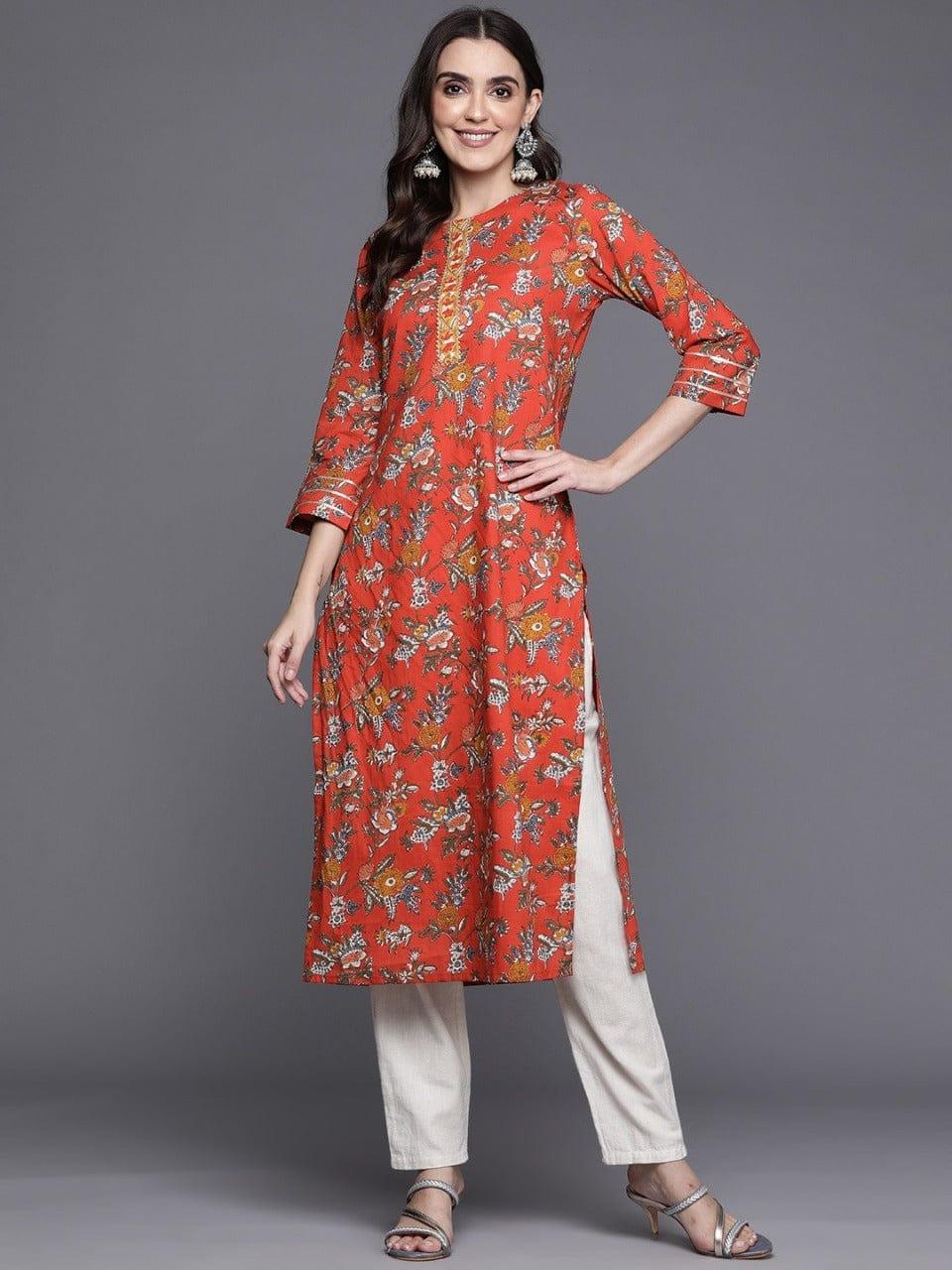 Varanga Women Red & Orange Floral Printed Straight Kurta - Indiakreations