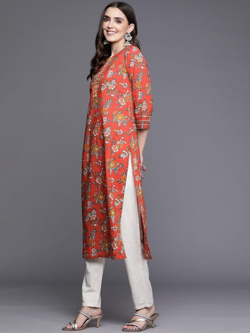 Varanga Women Red & Orange Floral Printed Straight Kurta - Indiakreations