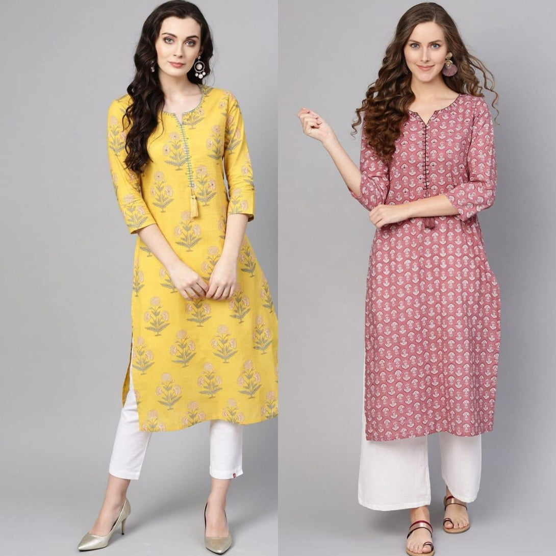 Mustard Marigold Cotton Straight Kurta & Pink & White Printed Straight Kurta - Indiakreations