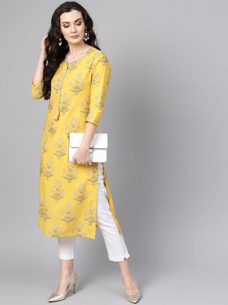 Mustard Marigold Cotton Straight Kurta & Pink & White Printed Straight Kurta - Indiakreations