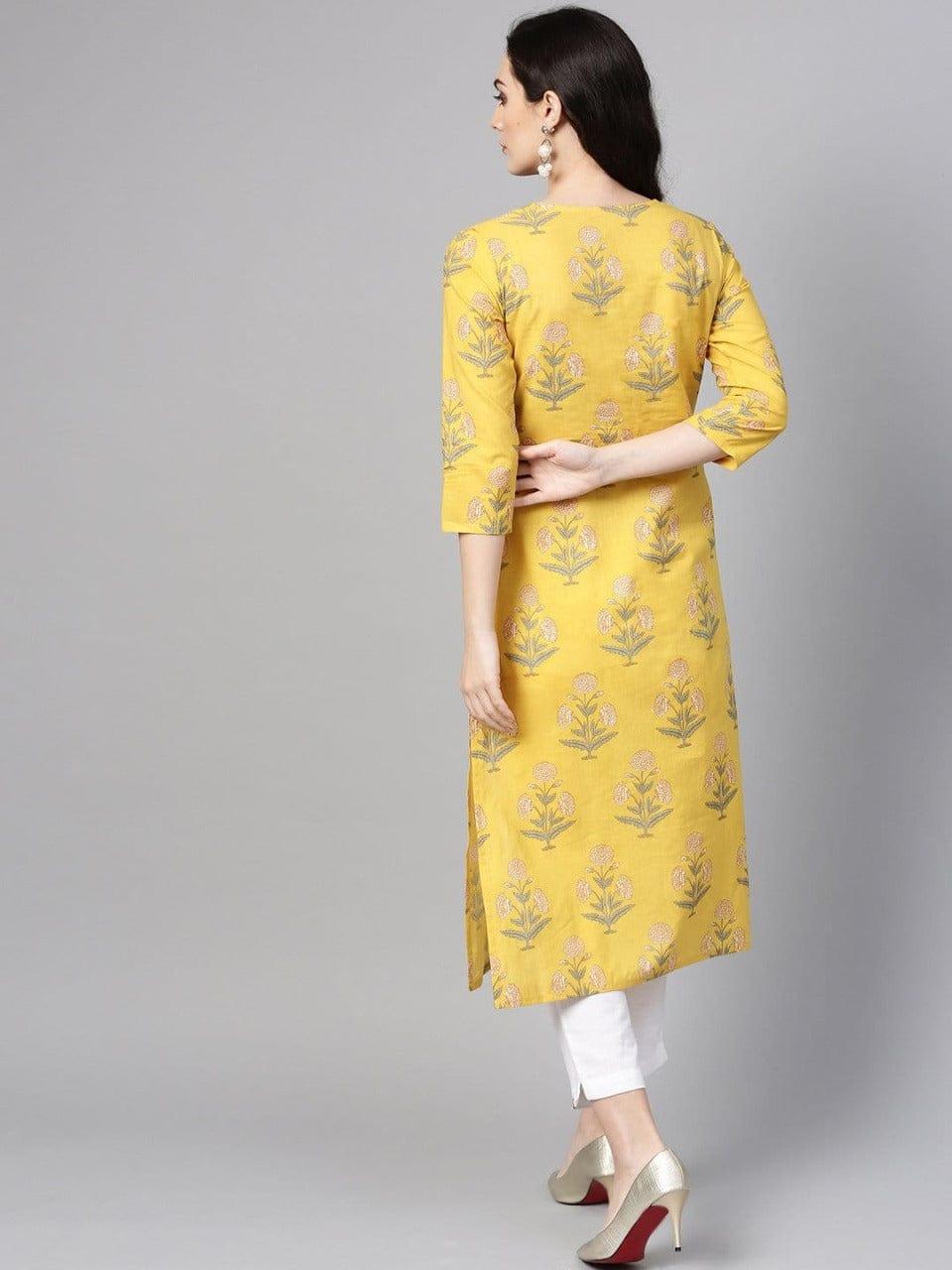 Mustard Marigold Cotton Straight Kurta & Pink & White Printed Straight Kurta - Indiakreations