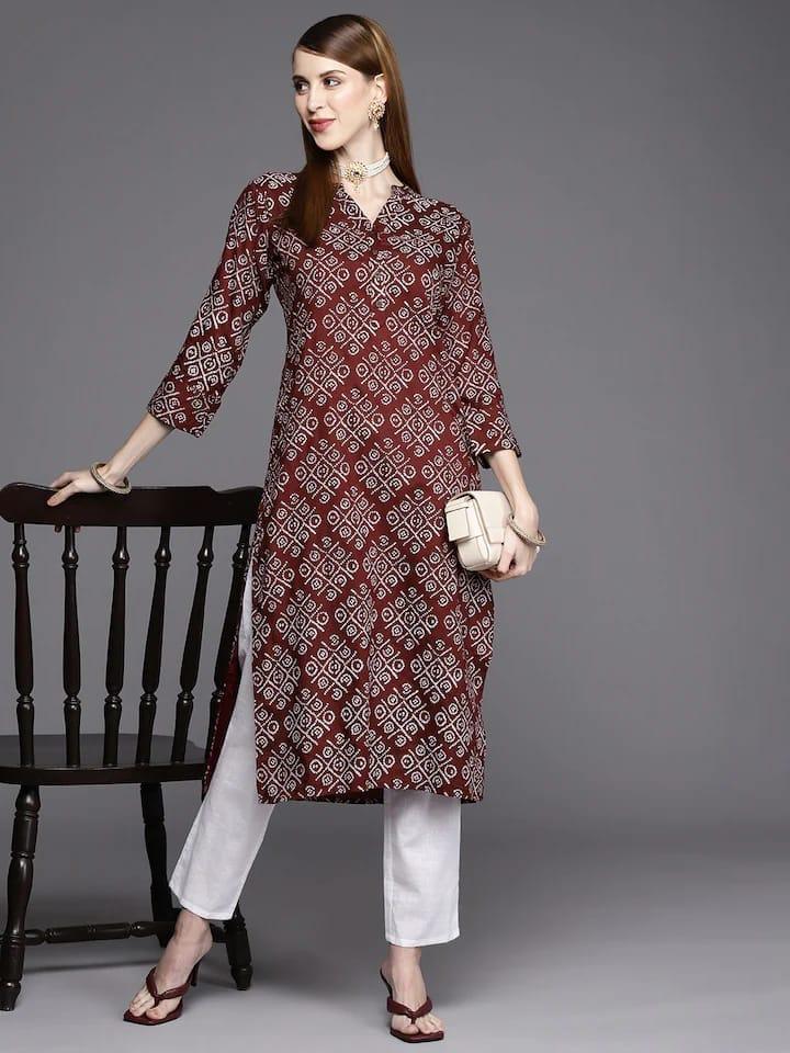 Varanga Women Maroon & White Bandhani Printed Block Print Kurta - Indiakreations