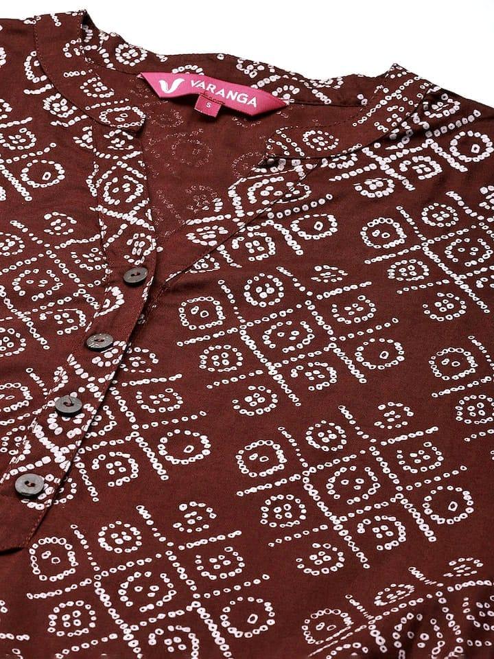 Varanga Women Maroon & White Bandhani Printed Block Print Kurta - Indiakreations