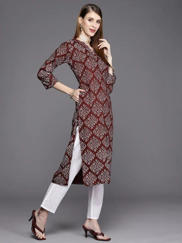 Varanga Women Maroon & White Bandhani Printed Block Print Kurta - Indiakreations