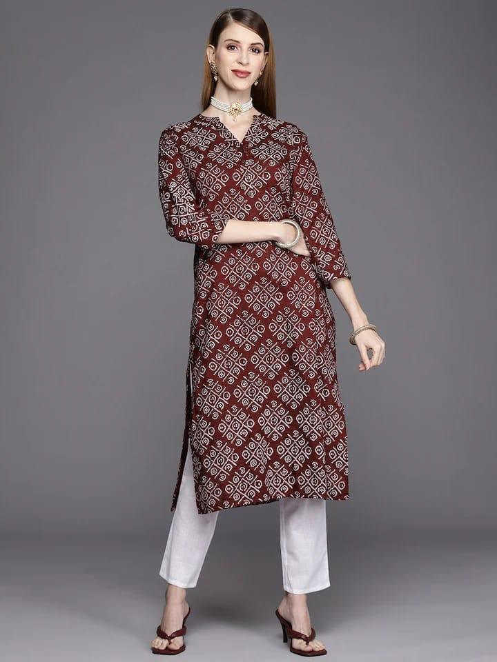 Varanga Women Maroon & White Bandhani Printed Block Print Kurta - Indiakreations