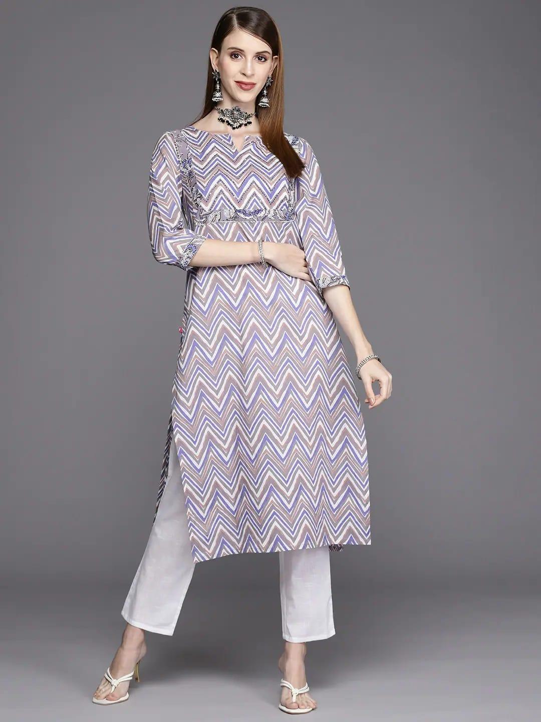 Varanga Women White & Purple Chevron Printed Gotta Patti Pastels Kurta - Indiakreations