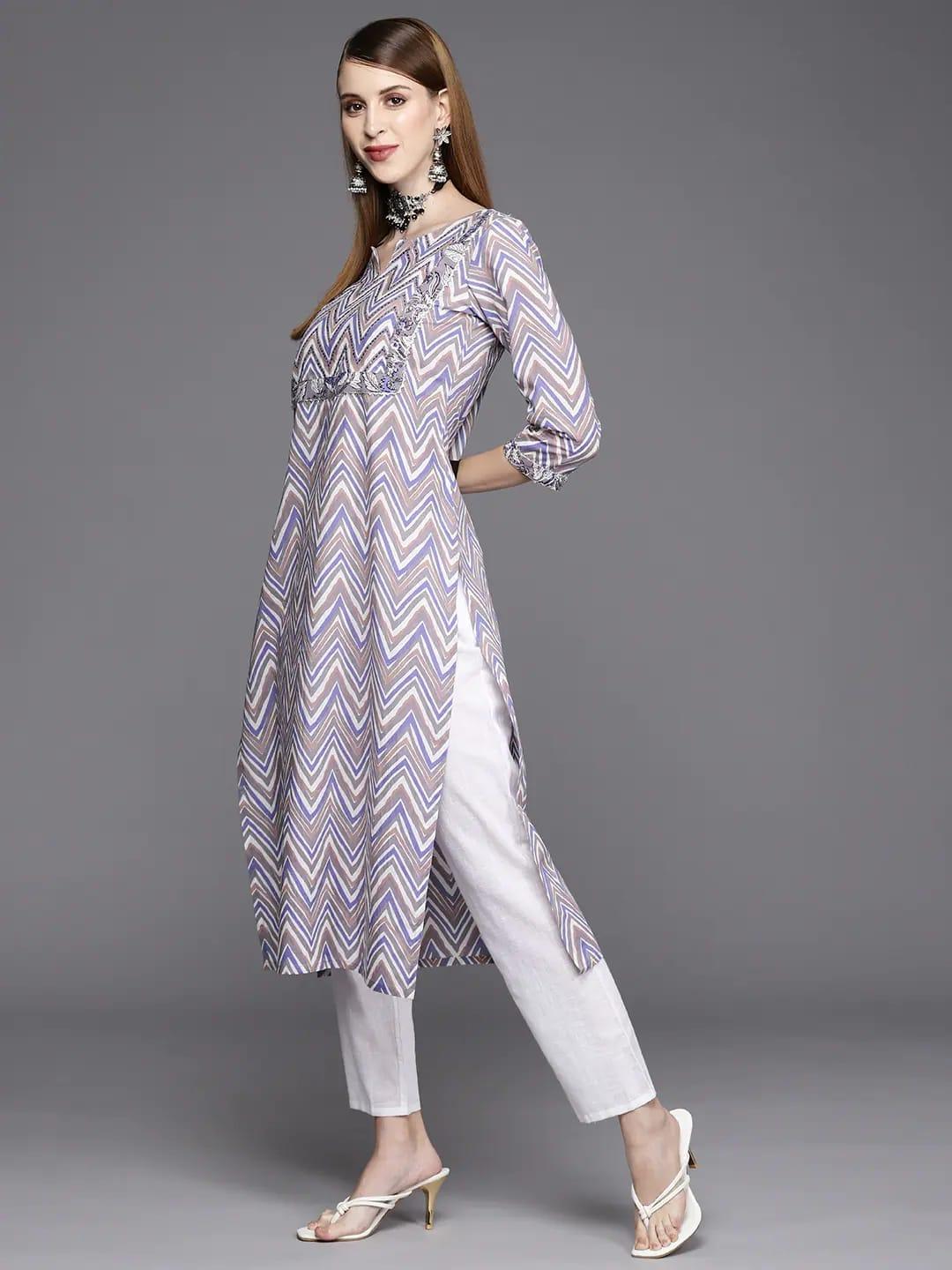 Varanga Women White & Purple Chevron Printed Gotta Patti Pastels Kurta - Indiakreations