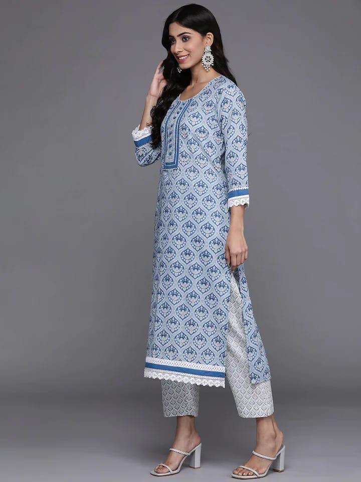 Varanga Women Blue & Grey Ethnic Printed Pure Cotton Kurta with Trousers & Dupatta - Indiakreations