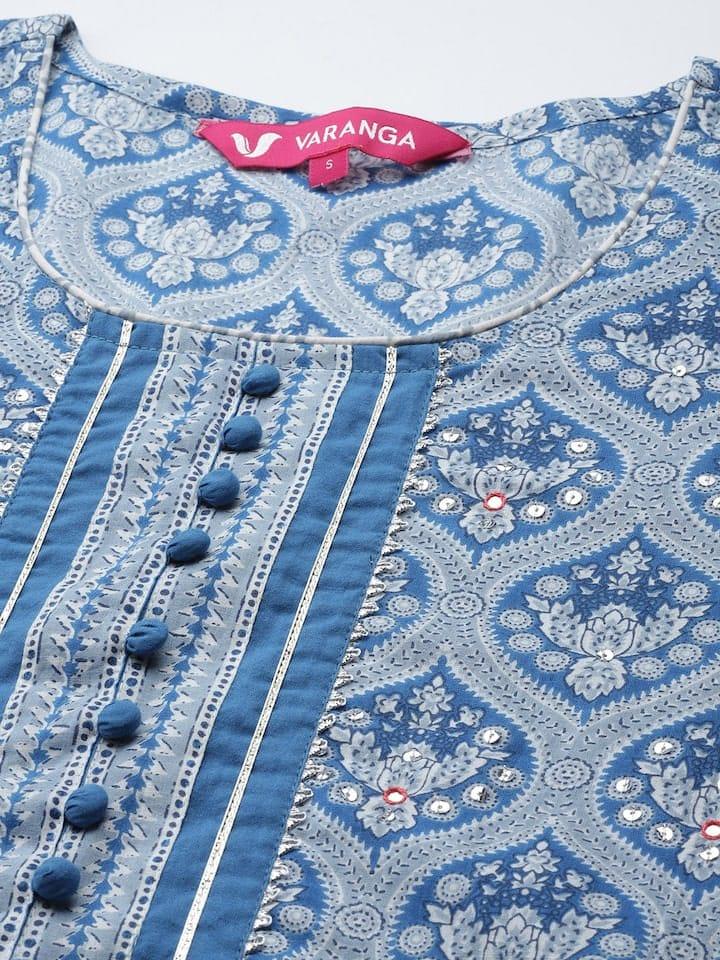 Varanga Women Blue & Grey Ethnic Printed Pure Cotton Kurta with Trousers & Dupatta - Indiakreations