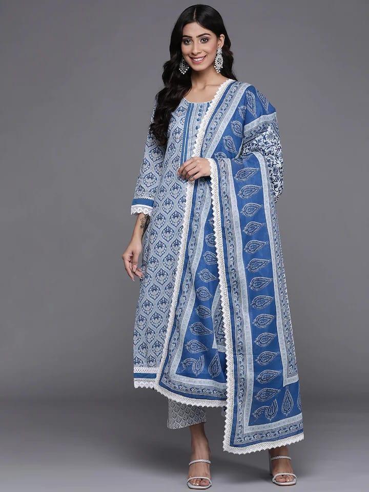 Varanga Women Blue & Grey Ethnic Printed Pure Cotton Kurta with Trousers & Dupatta - Indiakreations