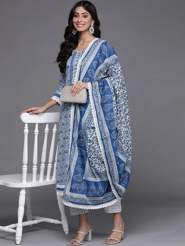 Varanga Women Blue & Grey Ethnic Printed Pure Cotton Kurta with Trousers & Dupatta - Indiakreations