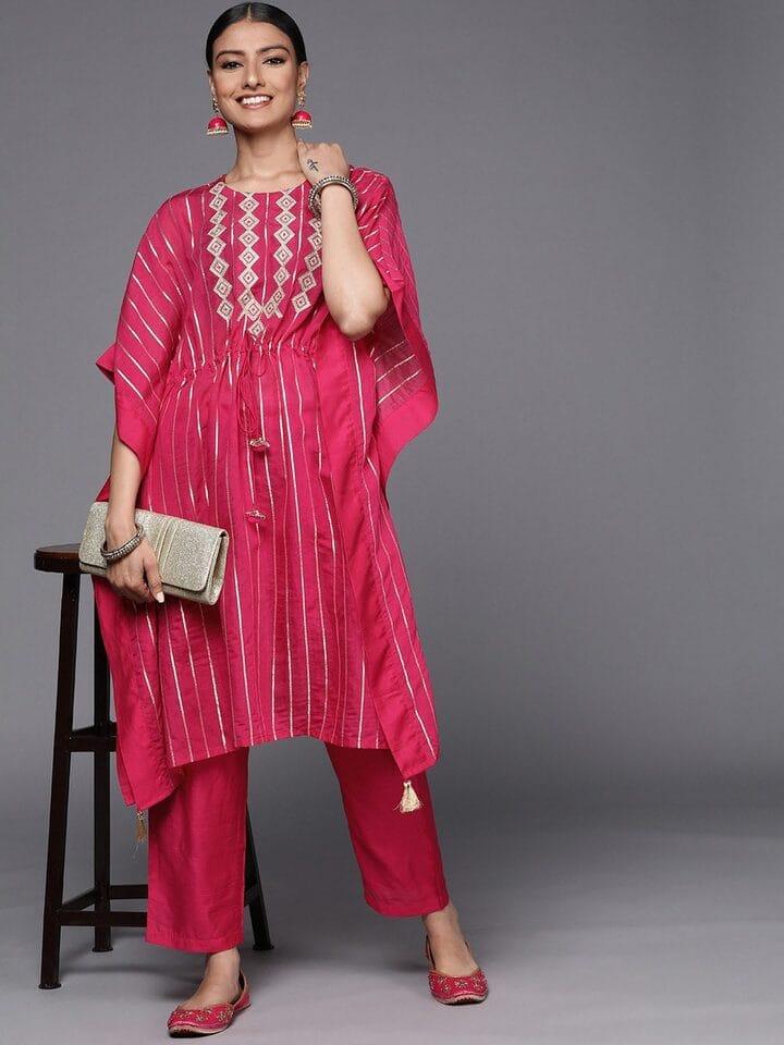 Varanga Women Pink Embroidered Layered Chanderi Silk Kurta with Palazzos - Indiakreations