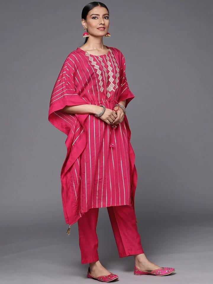 Varanga Women Pink Embroidered Layered Chanderi Silk Kurta with Palazzos - Indiakreations