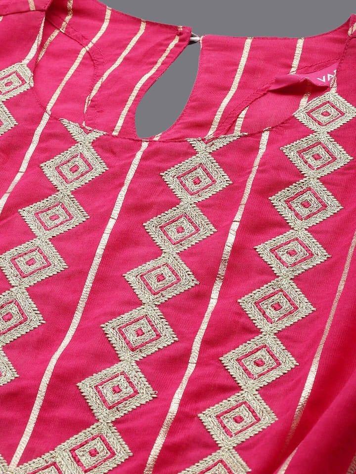 Varanga Women Pink Embroidered Layered Chanderi Silk Kurta with Palazzos - Indiakreations