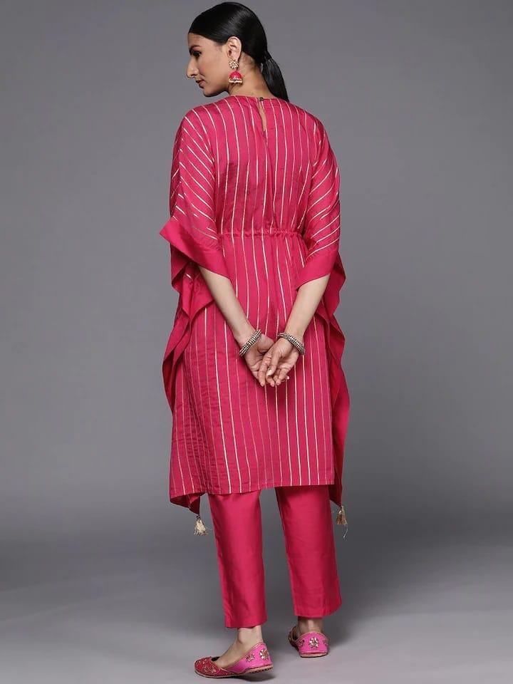 Varanga Women Pink Embroidered Layered Chanderi Silk Kurta with Palazzos - Indiakreations