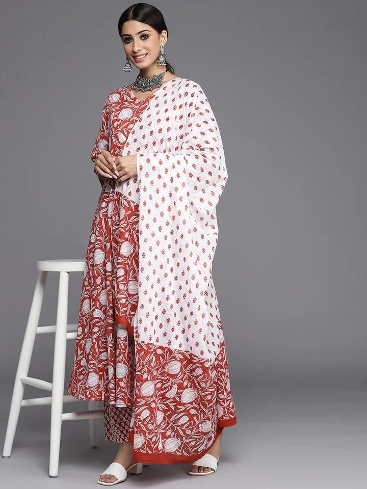 Varanga Women Red Ethnic Motifs Printed Pure Cotton Kurta with Trousers & Dupatta - Indiakreations