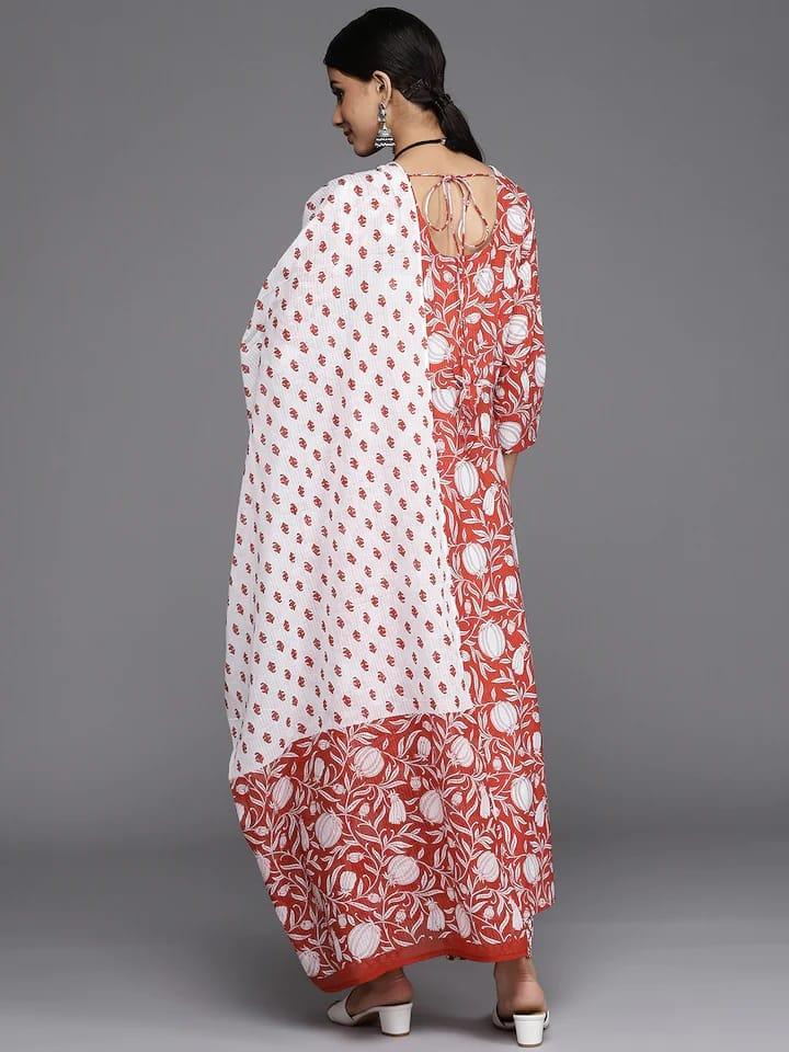 Varanga Women Red Ethnic Motifs Printed Pure Cotton Kurta with Trousers & Dupatta - Indiakreations