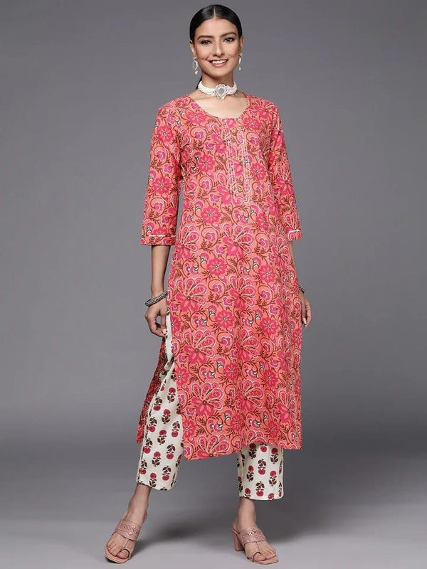 Varanga Women Peach-Coloured Pure Cotton Ethnic Motifs Printed Kurta with Trousers - Indiakreations