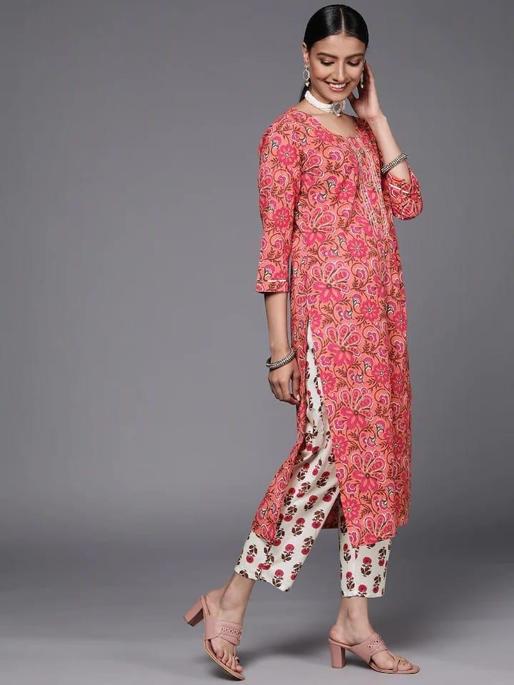 Varanga Women Peach-Coloured Pure Cotton Ethnic Motifs Printed Kurta with Trousers - Indiakreations