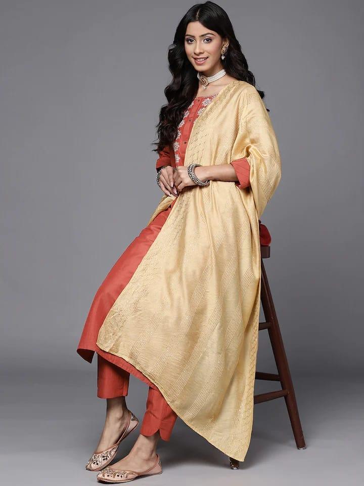 Varanga Women Rust Floral Embroidered Kurta with Trousers & With Dupatta - Indiakreations