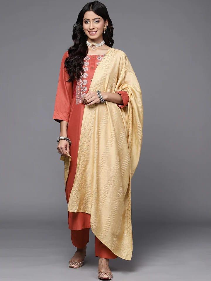 Varanga Women Rust Floral Embroidered Kurta with Trousers & With Dupatta - Indiakreations