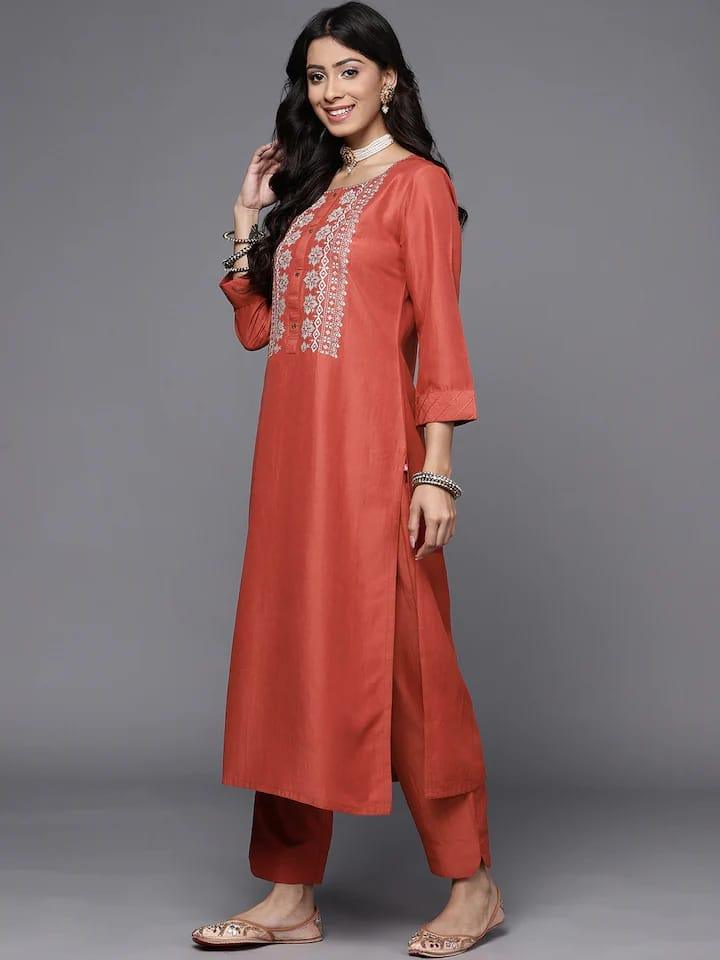 Varanga Women Rust Floral Embroidered Kurta with Trousers & With Dupatta - Indiakreations