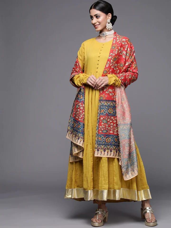 Varanga Women Mustard Yellow Anarkali Kurta With Dupatta - Indiakreations