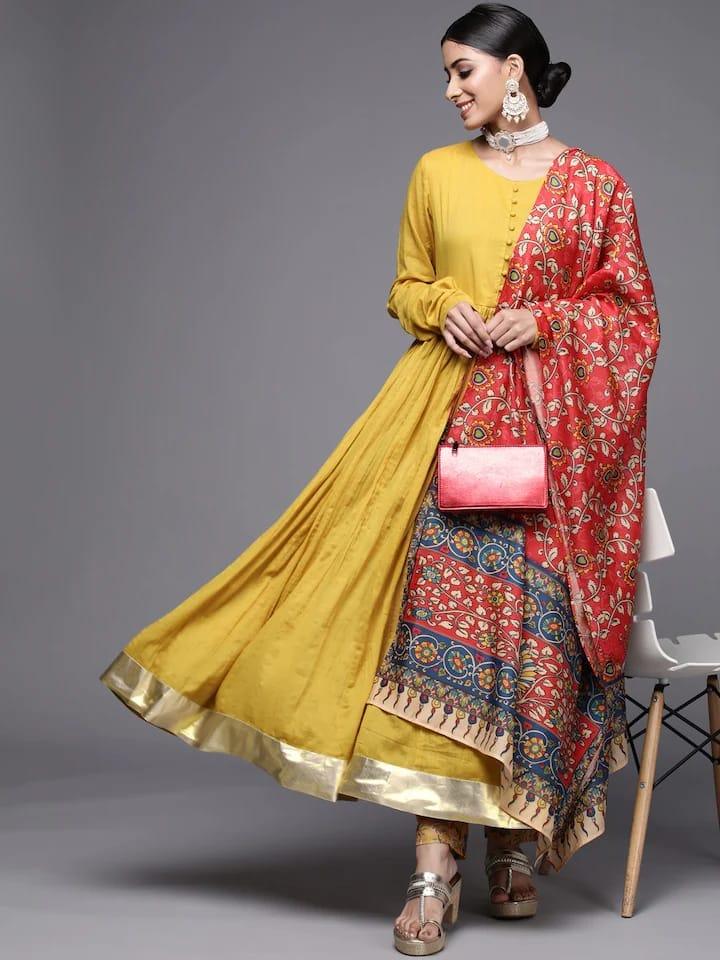 Varanga Women Mustard Yellow Anarkali Kurta With Dupatta - Indiakreations