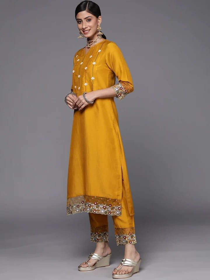 Varanga Women Mustard Yellow Floral Embroidered Beads and Stones Kurta with Trousers & With Dupatta - Indiakreations