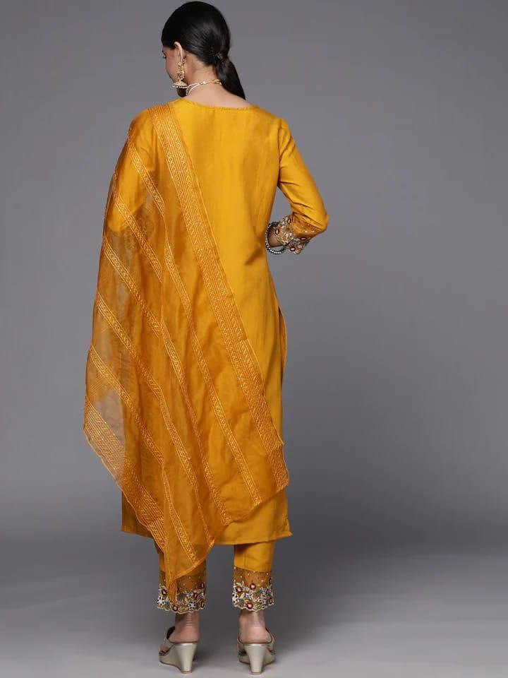 Varanga Women Mustard Yellow Floral Embroidered Beads and Stones Kurta with Trousers & With Dupatta - Indiakreations