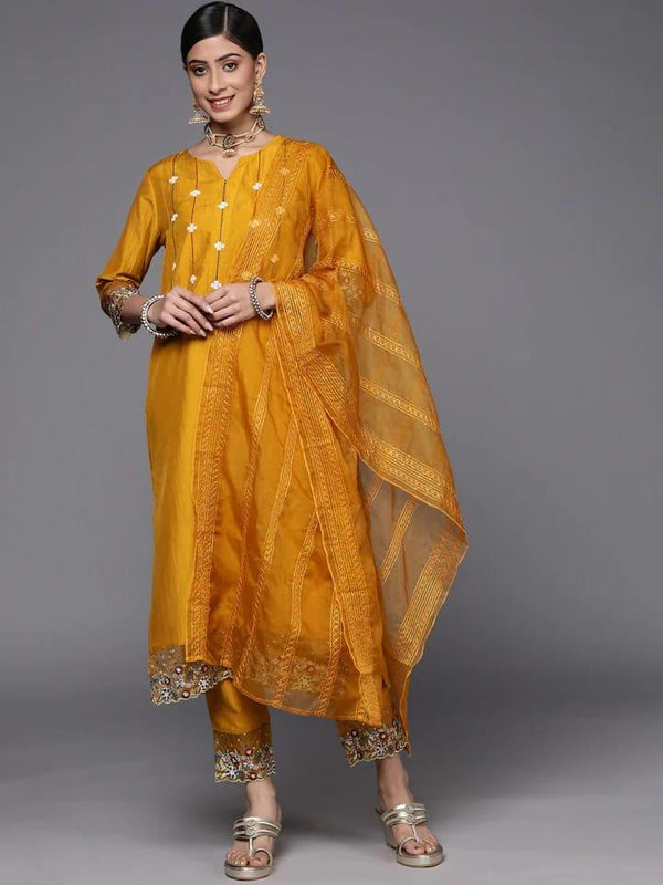 Varanga Women Mustard Yellow Floral Embroidered Beads and Stones Kurta with Trousers & With Dupatta - Indiakreations