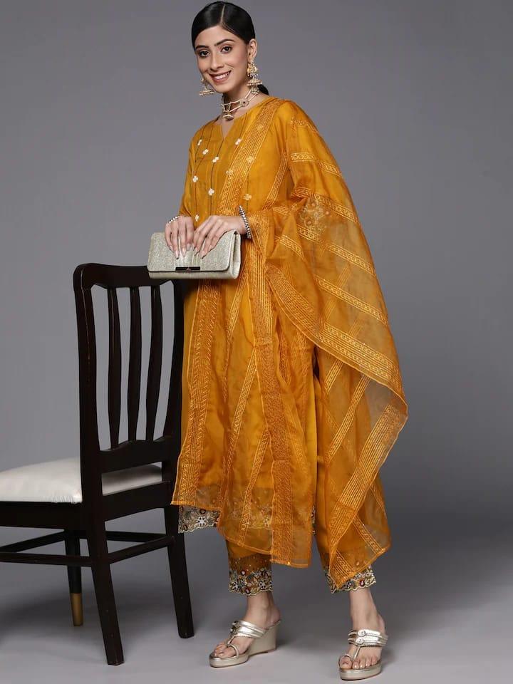 Varanga Women Mustard Yellow Floral Embroidered Beads and Stones Kurta with Trousers & With Dupatta - Indiakreations