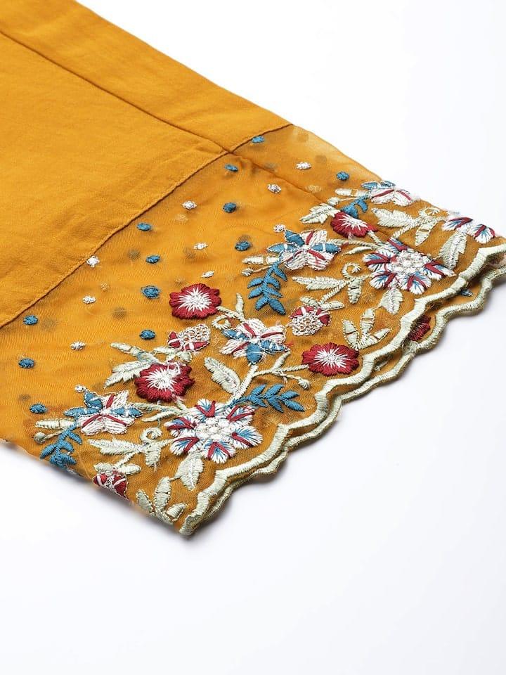 Varanga Women Mustard Yellow Floral Embroidered Beads and Stones Kurta with Trousers & With Dupatta - Indiakreations