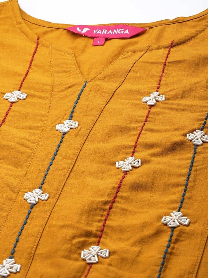 Varanga Women Mustard Yellow Floral Embroidered Beads and Stones Kurta with Trousers & With Dupatta - Indiakreations