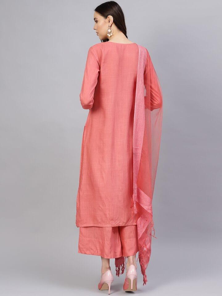 Varanga Women Peach-Coloured Solid Kurta with Palazzos & Dupatta - Indiakreations