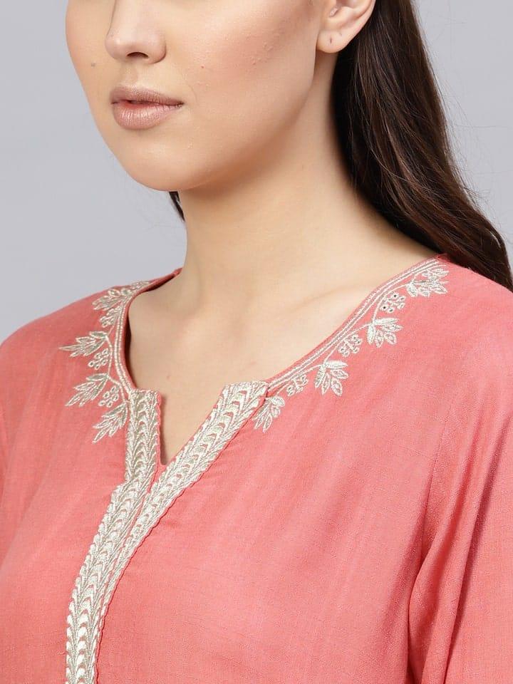 Varanga Women Peach-Coloured Solid Kurta with Palazzos & Dupatta - Indiakreations