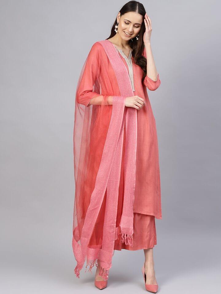 Varanga Women Peach-Coloured Solid Kurta with Palazzos & Dupatta - Indiakreations