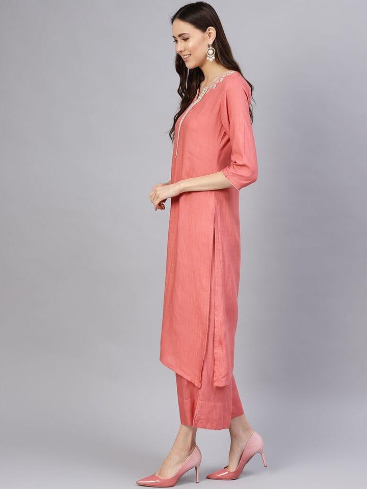 Varanga Women Peach-Coloured Solid Kurta with Palazzos & Dupatta - Indiakreations