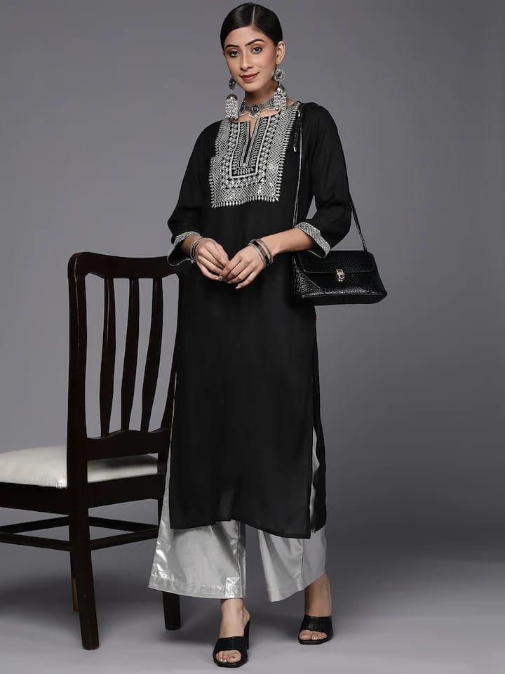 Varanga Women Black Ethnic Motifs Yoke Design Kurta - Indiakreations