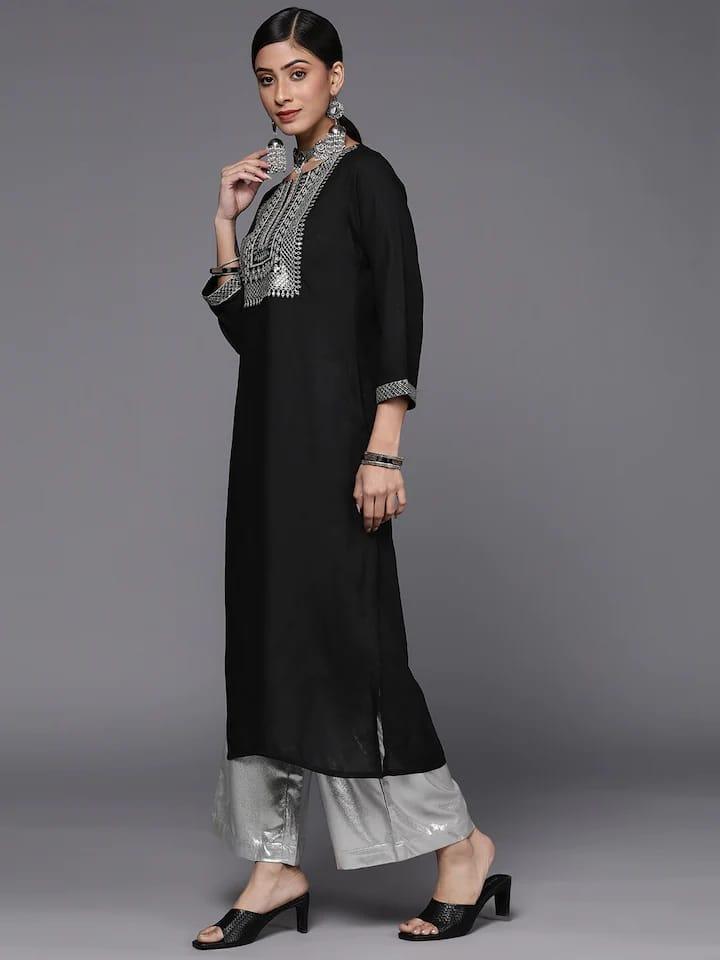 Varanga Women Black Ethnic Motifs Yoke Design Kurta - Indiakreations