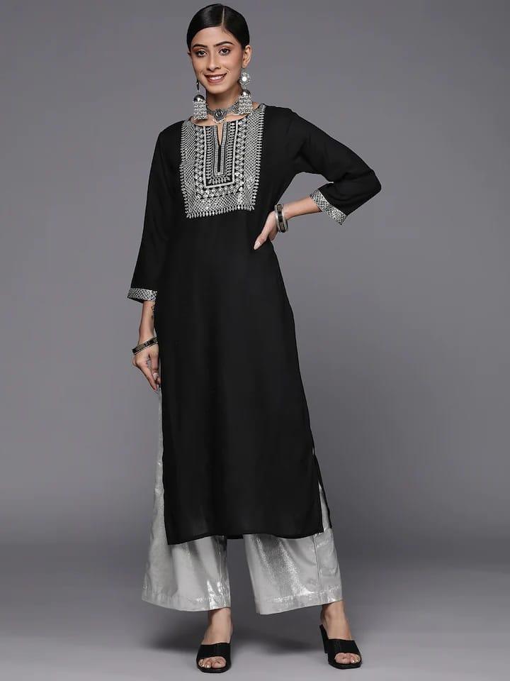 Varanga Women Black Ethnic Motifs Yoke Design Kurta - Indiakreations