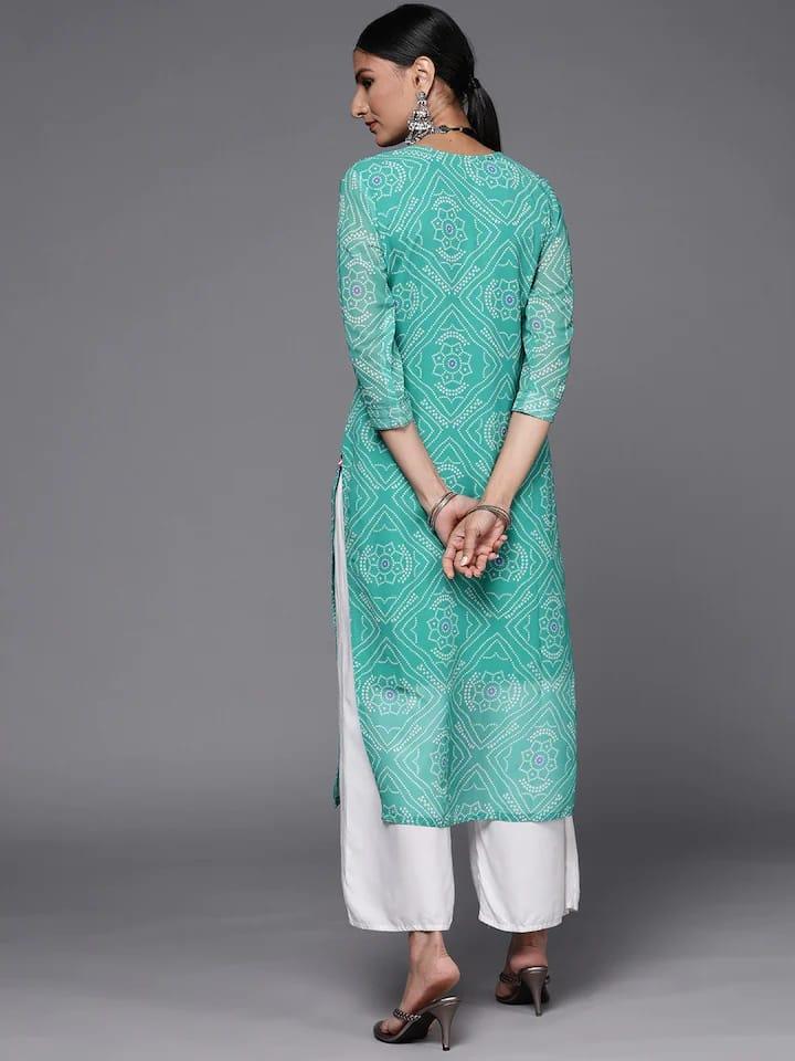 Varanga Women Sea Green & White Bandhani Printed Georgette Kurta - Indiakreations