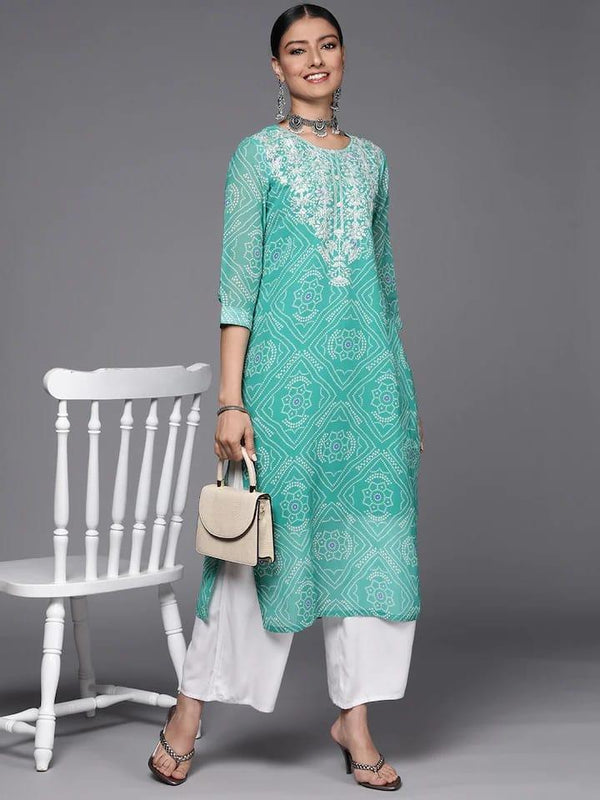 Varanga Women Sea Green & White Bandhani Printed Georgette Kurta - Indiakreations